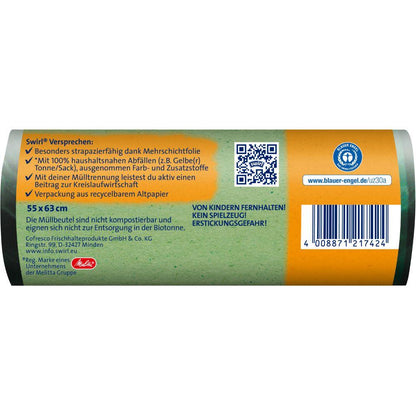 Detailní záběr zadní etikety Melittas Swirl ekologických pytlů na odpad se stahovací šňůrkou 35 l (12 pytlů) ukazuje produktové sliby, návod k použití, QR kód, čárový kód a německá bezpečnostní varování na zeleno-oranžovém pozadí.