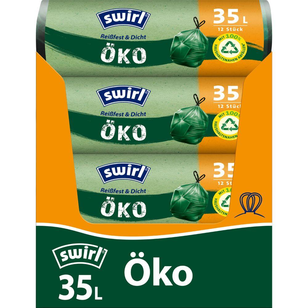 Rolka Swirl ekologických pytlů na odpad se stahovací šňůrkou 35 l (12 pytlů) od Melitta Europa GmbH & Co. KG s ekologickými symboly a barvami je vyrobena z recyklovaného plastu a nabízí udržitelné a bezpečné řešení odpadu.