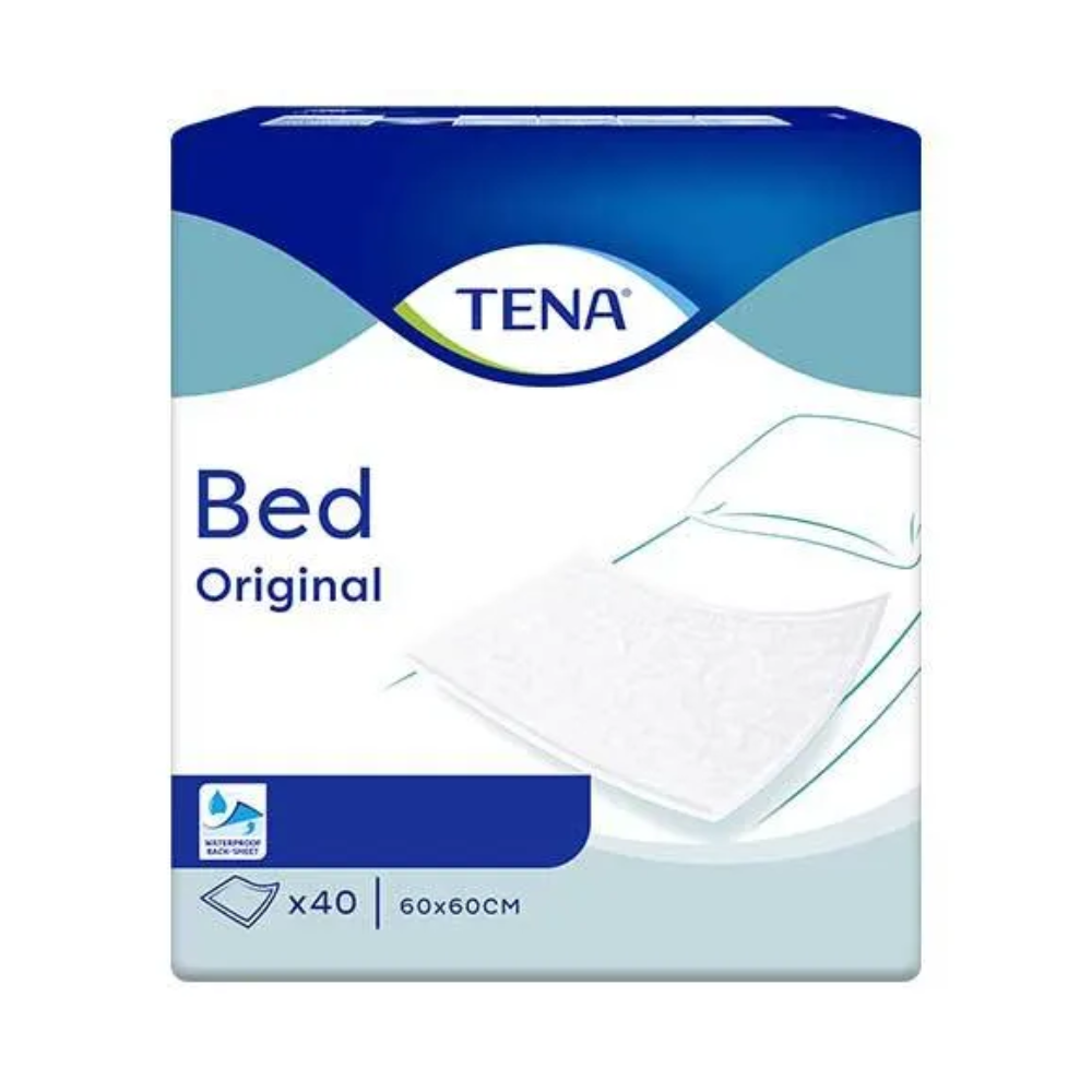 Eine Packung TENA Bed Original Bettschutzunterlagen, die 40 Bettschutzunterlagen mit den Maßen 60 cm x 60 cm enthält. Die Verpackung ist blau-weiß gestaltet und zeigt ein Bild eines Bettschutzes auf einem Bett sowie ein Waterlock-Logo, das Auslaufschutz bei unfreiwilligem Urinverlust anzeigt.