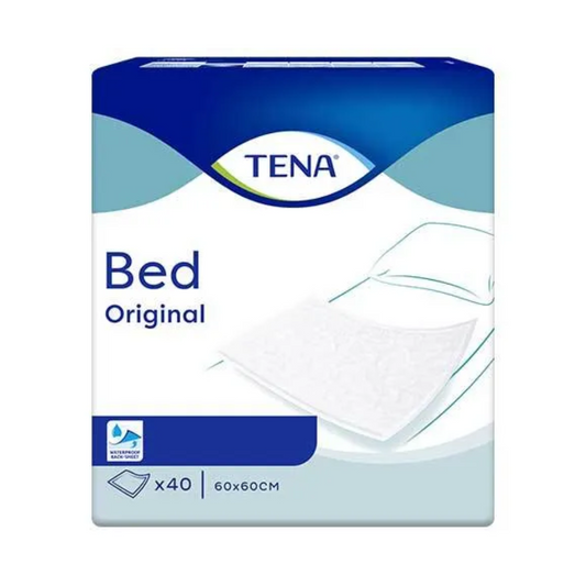 Eine Packung TENA Bed Original Bettschutzunterlagen, die 40 Bettschutzunterlagen mit den Maßen 60 cm x 60 cm enthält. Die Verpackung ist blau-weiß gestaltet und zeigt ein Bild eines Bettschutzes auf einem Bett sowie ein Waterlock-Logo, das Auslaufschutz bei unfreiwilligem Urinverlust anzeigt.