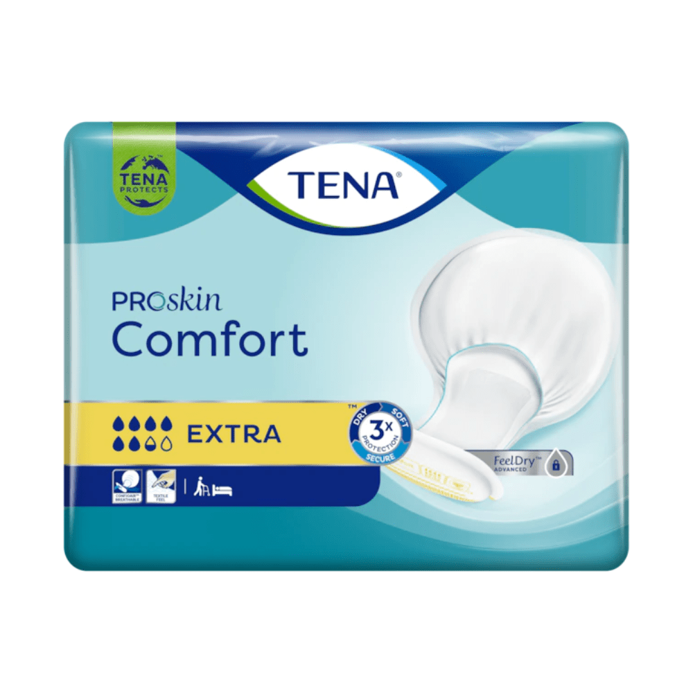 Obal inkontinenční vložky TENA Comfort Extra (balení po 40 kusech) má savost „EXTRA“ a zobrazuje bílý obrázek podložky vedle symbolů, které zdůrazňují komfortní vlastnosti. Design zahrnuje modré a zelené odstíny, přičemž logo TENA je nahoře výrazně zobrazeno a zaměřuje se na potřeby při močové inkontinenci. Vyrobeno společností TENA - Essity Germany GmbH.