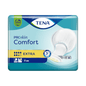 Obal inkontinenční vložky TENA Comfort Extra (balení po 40 kusech) má savost „EXTRA“ a zobrazuje bílý obrázek podložky vedle symbolů, které zdůrazňují komfortní vlastnosti. Design zahrnuje modré a zelené odstíny, přičemž logo TENA je nahoře výrazně zobrazeno a zaměřuje se na potřeby při močové inkontinenci. Vyrobeno společností TENA - Essity Germany GmbH.