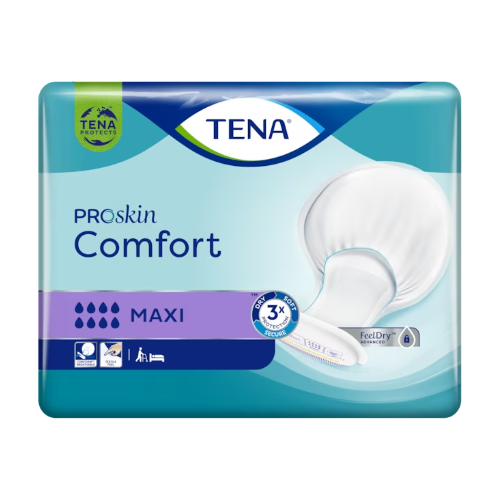 Balení pro TENA Comfort Maxi inkontinenční vložky, obsah 34 kusů. Design zahrnuje modro-fialové barevné schéma s obrázkem inkontinenční vložky na pravé straně a symboly označujícími savost a výhody produktu.