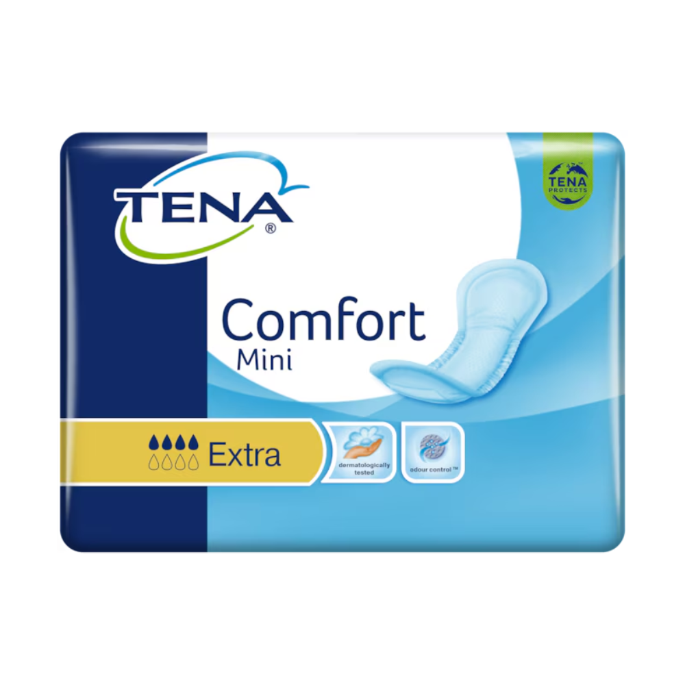 Obrázek ukazuje balení inkontinenční vložky TENA Comfort Mini Extra v modrém obalu s textem „TENA“ a „Comfort Mini“. Zdůrazňuje Dry Fast Core absorpční jádro pro zlepšenou savost spolu se symboly, které naznačují, že je dermatologicky testováno a vyvinuto pro účinnou kontrolu zápachu. Produkt je od TENA by Essity Germany GmbH a je dodáván v balení po 30 kusech.