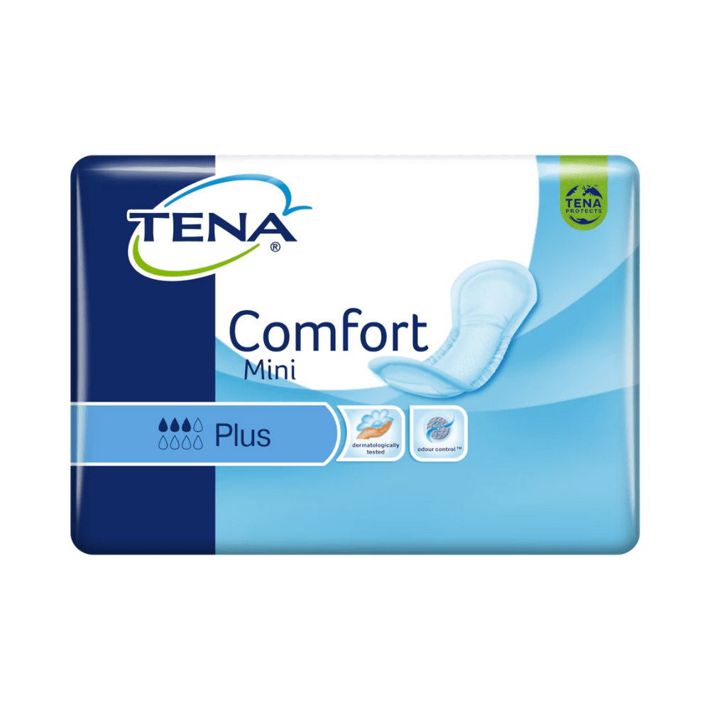 Jedno balení inkontinenčních vložek TENA Comfort Mini Plus obsahuje 30 vložek, které byly vyrobeny pomocí nejmodernějších technologií. Obal je převážně modrý a bílý a je na něm vyobrazeno logo TENA a symboly zdůrazňující savost, pohodlí, kontrolu zápachu a technologii Dry Fast Core pro vynikající ochranu.