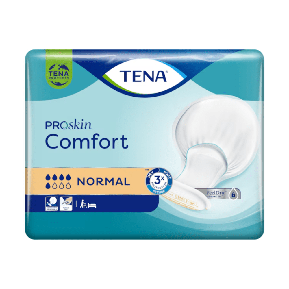 Balení inkontinenčních vložek TENA Comfort Normal s 42 kusy od TENA - Essity Germany GmbH obsahuje vložky, které poskytují vynikající ochranu proti úniku. Balení je převážně modré s bílými a zlatými akcenty a zobrazuje obrázek vložky a symboly pro savost, kontrolu zápachu a ochranu proti úniku.