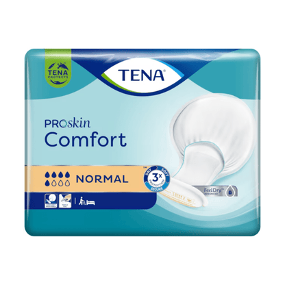 Balení inkontinenčních vložek TENA Comfort Normal s 42 kusy od TENA - Essity Germany GmbH obsahuje vložky, které poskytují vynikající ochranu proti úniku. Balení je převážně modré s bílými a zlatými akcenty a zobrazuje obrázek vložky a symboly pro savost, kontrolu zápachu a ochranu proti úniku.