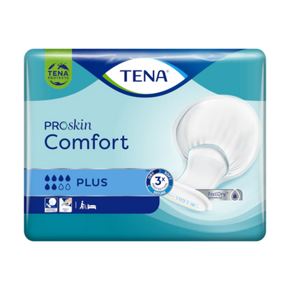 TENA Comfort Plus inkontinenční vložka | Balení (46 kusů), navrženo společností TENA - Essity Germany GmbH, má stylové modro-zelené balení, které je ozdobeno logem značky a názvem produktu. Zvýrazněny jsou body jako „3x ochrana“, „FeelDry“ a „Ochrana proti úniku“, spolu se symboly, které představují stupeň savosti a výhody ochrany.