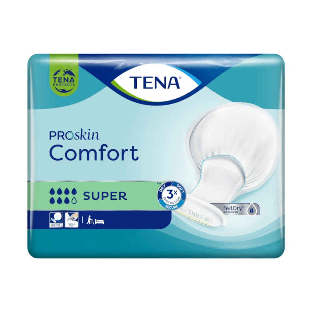 Balení inkontinenční vložky TENA Comfort Super se svou jasnou prezentací produktu zdůrazňuje prostřednictvím jednoznačných ikon dermatologicky testované vlastnosti a ochranu proti vlhkosti. Design převážně v modré a zelené barvě usnadňuje identifikaci.