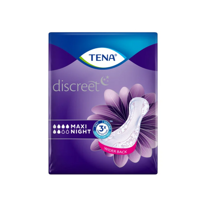 TENA Lady Discreet Protect+ Maxi Night inkontinenční vložky od Essity Germany GmbH mají fialové balení s bílým obrázkem vložky, textem „3x ochrana“ a sacími kapkami. Technologie InstaDRY posiluje širší zadní stranu pro optimální pohodlí a bezpečnost. Balení obsahuje 12 kusů.