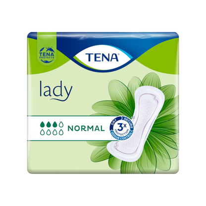 TENA Lady Normal Slipová vložka | Balení (30 kusů) od TENA - Essity Germany GmbH, které bylo vyvinuto k léčbě slabosti močového měchýře, je prezentováno na zeleno-modrém pozadí. Obal zdůrazňuje „3x ochranu“ a „kontrolu zápachu“ a na pravé straně zobrazuje grafiku vložky, aby demonstroval tento účinný inkontinenční produkt.