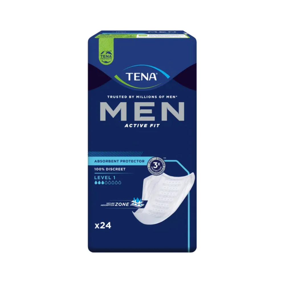 Obrázek balení inkontinenční vložky TENA Men Active Fit Level 1. Tmavě modré balení s logem TENA nahoře nese nápis „Používáno miliony mužů“ a zdůrazňuje jeho „diskrétní design“ a „bezpečnou absorpční zónu“. Zobrazen je bílý protektor s 24 kusy uvnitř.