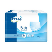 Balení TENA Pants Original Plus Inkontinenzpants nabízí savé inkontinenční kalhoty pro dospělé. Převážně modro-bílý obal uvádí velikost M, obsahuje 14 kusů a poskytuje spolehlivou ochranu při oslabení močového měchýře. Na přední straně je zobrazen obrázek produktu pod značkou TENA – Essity Germany GmbH.