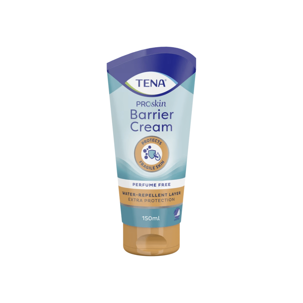 TENA ProSkin Barrier Cream, pečující krém | Balení (150 ml), od Essity Germany GmbH, je ideální pro citlivou pokožku. Modro-hnědé balení zdůrazňuje důležité vlastnosti jako „Chrání citlivou pokožku“ a „Bez parfému“ a má vodoodpudivou vrstvu pro lepší ochranu, což z něj dělá nezbytnost v každé péči o pleť.