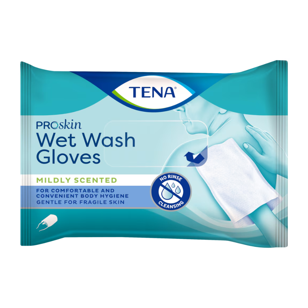 Balení jemně parfémovaných mycích rukavic TENA ProSkin Wet Wash Gloves od společnosti TENA - Essity Germany GmbH pro pohodlnou tělesnou hygienu je díky čištění bez oplachování ideální pro citlivou pokožku. Modro-bílé balení obsahuje všechny důležité informace o produktu.
