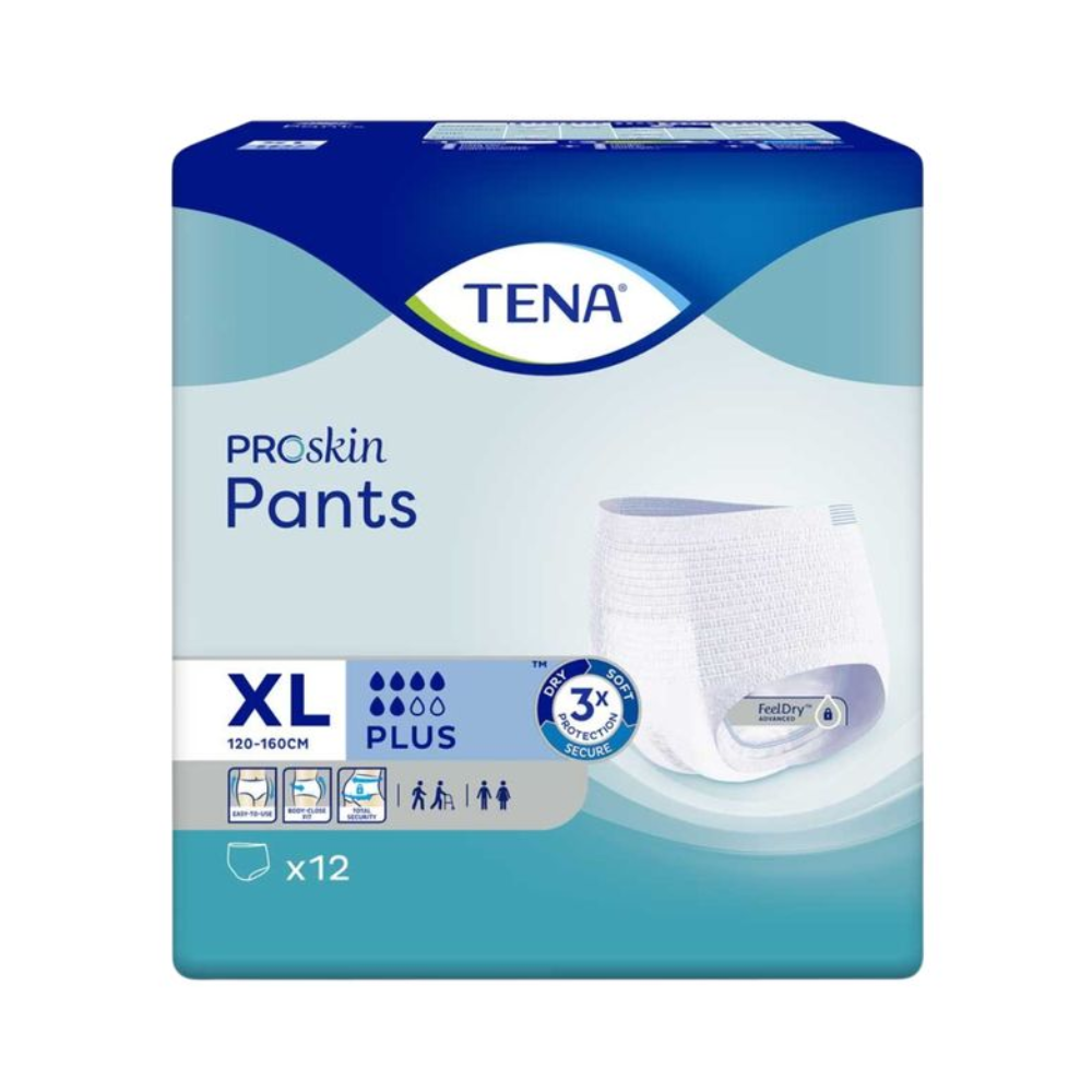 Inkontinenční kalhotky TENA Proskin Pants Plus ve velikosti XL (120-160 cm) mají trojnásobnou savost a jsou tak ideální pro osoby s větší velikostí. Toto balení po 12 kusech obsahuje technologii snižující vlhkost s vrstvou FeelDry, která zajišťuje, že tyto inkontinenční kalhotky poskytují výjimečný komfort a suchost.