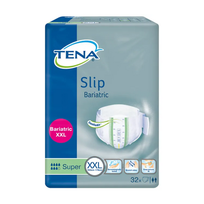 Balení TENA ProSkin Slip Bariatic Super inkontinenční vložky od společnosti Essity Germany GmbH, navržené pro osoby s obvodem pasu 163 cm-178 cm, nabízí pohodlí díky prodyšnému materiálu, neutralizátoru zápachu, elastickým stranám a snadno otevíratelným páskům. Tento XXL produkt obsahuje 32 plen pro dospělé.