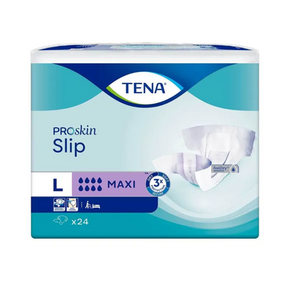 TENA Slip Maxi inkontinenční vložka s pasem, vyráběná TENA - Essity Germany GmbH, nabízí s maximální savostí mimořádnou ochranu proti úniku. Balení obsahuje obrázky produktu, které zdůrazňují vlastnosti jako indikátory vlhkosti, prodyšnou tkaninu a kontrolu zápachu. Toto velkoformátové balení obsahuje 24 jednotek, které jsou přizpůsobeny vašim potřebám inkontinence.