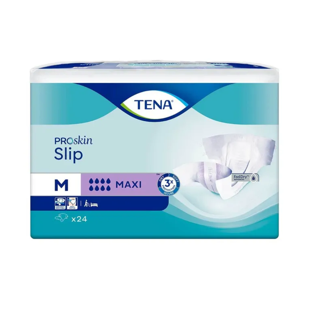 Balení TENA Slip Maxi inkontinenční vložky s pasem od TENA – Essity Germany GmbH výrazně ukazuje modrý design s bílými akcenty a obrázkem inkontinenční slipy pro dospělé. Střední velikost je označena „M“ a obsahuje balení s 24 slipy, které poskytují spolehlivou ochranu proti úniku pro celodenní důvěru.
