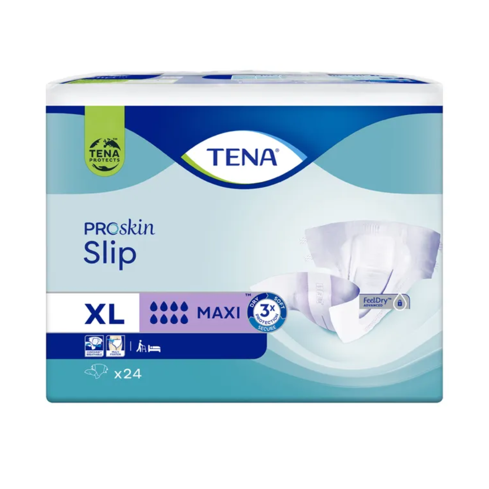 Balení TENA Slip Maxi inkontinenční vložky s pasem, nabízené TENA - Essity Germany GmbH ve velikosti XL, nabízí „Maxi“ savost a zahrnuje technologii „FeelDry“. Je vybaveno ochranou proti úniku pro dodatečnou bezpečnost a obsahuje 24 kusů na balení. Balení je navrženo v modro-zeleném barevném schématu s obrázky plen.