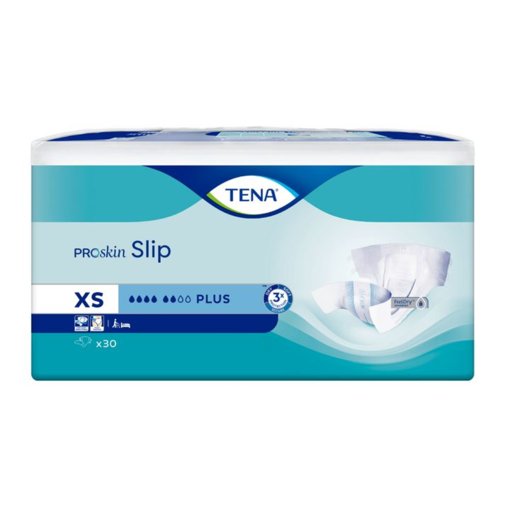 Balení inkontinenční vložky TENA Slip Plus s bederním pásem ve velikosti XS je navrženo v modro-bílé barvě. Na přední straně je obrázek produktu, který poukazuje na ochranu před únikem a velikost balení 30 kusů.