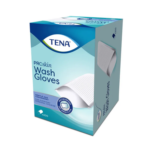 Box mit TENA Wash Gloves Waschhandschuhe, dargestellt in Blau- und Weißtönen, für eine sanfte und bequeme Körperhygiene. Die Box ist ideal für die tägliche Körperreinigung, enthält 200 Handschuhe und zeigt auf der Vorderseite das Bild eines weißen Waschhandschuhs.