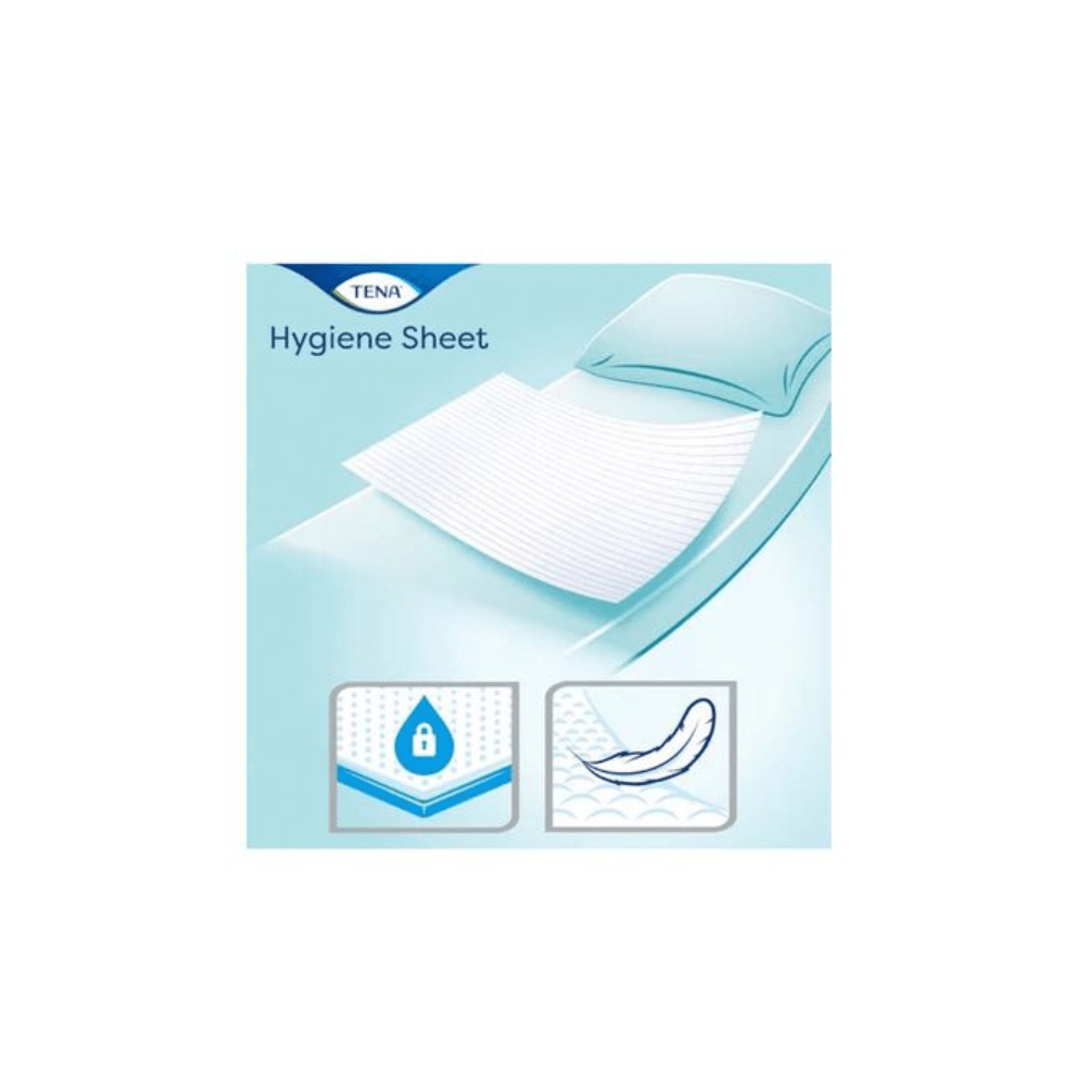 Grafika ukazuje TENA Hygiene Sheet (nahrazuje artikl č. 774454, 100 kusů, TENA - Essity Germany GmbH) na posteli s polštářem. Dvě piktogramy ukazují vlastnosti zadržující tekutinu a konturovaný tvar. Nápis "Hygiene Sheet" se objevuje nahoře.