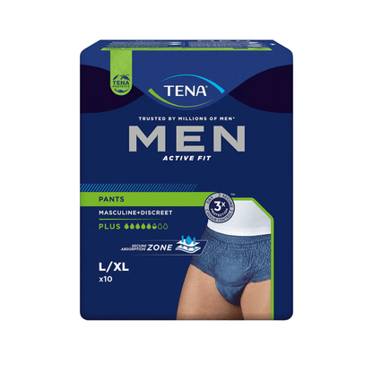 Balíček vzorů TENA Men Active Fit Pants Plus Blue od TENA - Essity Germany GmbH, velikost L/XL (10 jednorázových kalhot pro muže), přichází v tmavě modrém obalu s vyříznutým obrázkem muže a zdůrazňuje klíčové vlastnosti pro slabost močového měchýře.