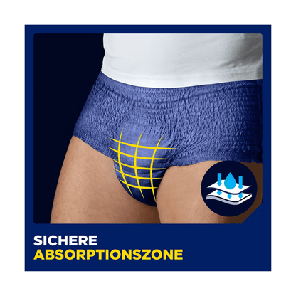 Muž nosí vzor TENA Men Active Fit Pants Plus Blue od TENA - Essity Germany GmbH, zobrazený se žlutou mřížkou a symbolem "Bezpečná absorpční zóna" pro účinnou ochranu před slabostí močového měchýře u mužů.