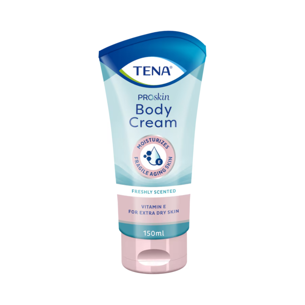 150ml tuba TENA ProSkin Body Cream je nabízena ve světle modrém balení s tmavě modrým víčkem. Složení obohacené o přírodní oleje a vitamín E hydratuje citlivou stárnoucí pokožku, zklidňuje suchou pokožku a zároveň poskytuje svěží vůni. Produkt je distribuován pod značkou TENA společností Essity Germany GmbH.