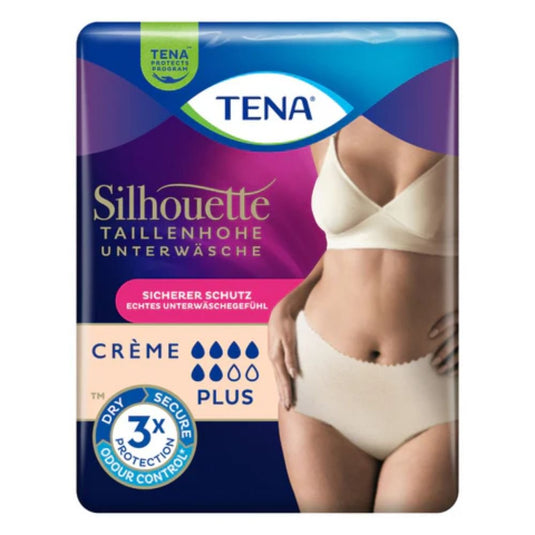 Balení inkontinenčních kalhotek TENA Silhouette Plus Creme od společnosti TENA – Essity Germany GmbH, na kterém je vyobrazena žena předvádějící tento výrobek. Balení nabízí spolehlivou ochranu, trojnásobnou kontrolu zápachu a zvýšenou savost pro ženy trpící inkontinencí.