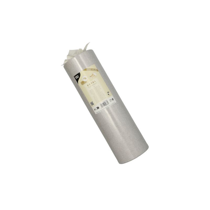 Role PAPSTAR běhounu na stůl podobného látce PV-Tissue Mix „ROYAL Collection“ od PAPSTAR GmbH je elegantně označena informacemi o produktu. Role stojí svisle před prostým bílým pozadím a ukazuje svou vysoce kvalitní pulp-viskózovou tissue směs.