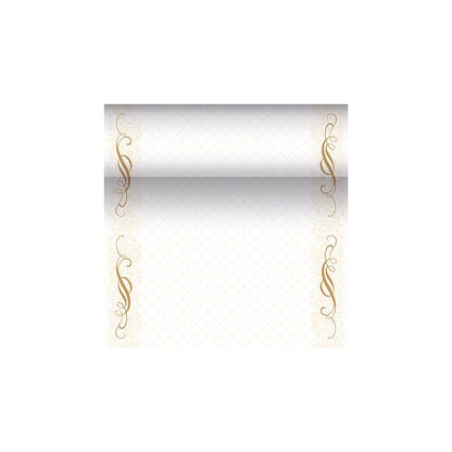 Dekorativní certifikátová šablona z kolekce PAPSTAR „ROYAL Collection“ zdůrazňuje pozadí s přechodem s ozdobnými zlatými okraji, které obsahují elegantní, vířící květinové vzory. Centrální oblast je určena pro text nebo individuální design a vyzařuje sofistikovaný nádech, který připomíná designy PAPSTAR běhounů na stůl z látkového materiálu PV-Tissue Mix.