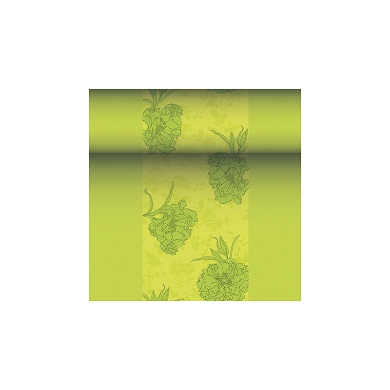 Zobrazená role tapety s květinovým vzorem v zelených tónech připomíná vznešenou kolekci ROYAL od PAPSTAR GmbH. Tento design ukazuje velké květiny v poněkud tmavší zelené na světlejším zeleném pozadí a vyzařuje elegantní kouzlo, které se podobá PAPSTAR běhounu na stůl z látkového materiálu PV-Tissue Mix „ROYAL Collection“ ve velikosti 24 m x 40 cm.