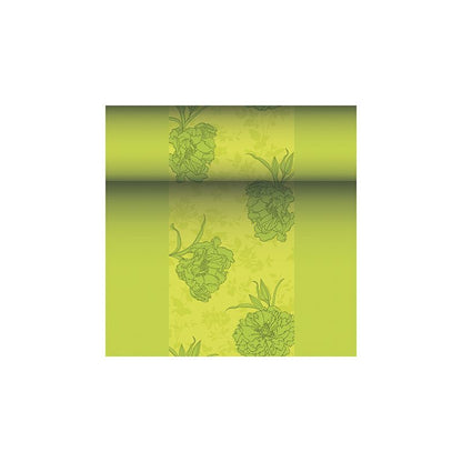 Zobrazená role tapety s květinovým vzorem v zelených tónech připomíná vznešenou kolekci ROYAL od PAPSTAR GmbH. Tento design ukazuje velké květiny v poněkud tmavší zelené na světlejším zeleném pozadí a vyzařuje elegantní kouzlo, které se podobá PAPSTAR běhounu na stůl z látkového materiálu PV-Tissue Mix „ROYAL Collection“ ve velikosti 24 m x 40 cm.