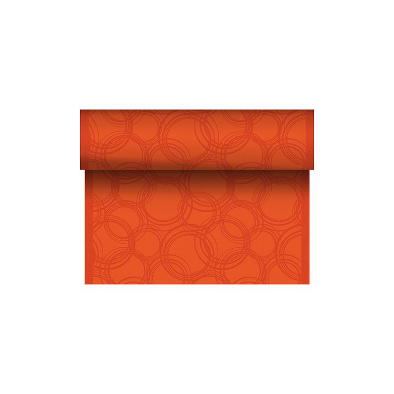 Jako součást kolekce ROYAL od PAPSTAR GmbH má tento běhoun na stůl ze směsi PV-Tissue jasně oranžové pozadí s o něco tmavším, překrývajícím se kruhovým vzorem. Jeho výrazný a moderní design dodává každému interiéru živý nádech.