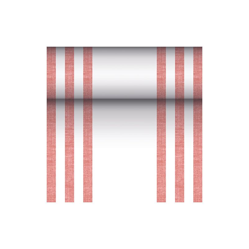 Látkový ubrus PV-Tissue Mix „ROYAL Collection“ společnosti PAPSTAR GmbH o rozměrech 24 m x 40 cm vyniká výrazným designem se šesti vertikálními červenými čarami, doplněnými centrálním horizontálním přechodem z černé na bílou na dokonale bílém pozadí.