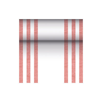 Látkový ubrus PV-Tissue Mix „ROYAL Collection“ společnosti PAPSTAR GmbH o rozměrech 24 m x 40 cm vyniká výrazným designem se šesti vertikálními červenými čarami, doplněnými centrálním horizontálním přechodem z černé na bílou na dokonale bílém pozadí.