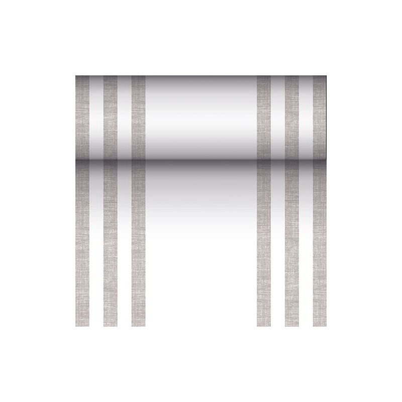 Kovově lesklý válec je zavěšen na třech vertikálních, paralelních hnědých čarách na každé straně, což připomíná moderní design látkového ubrusu PAPSTAR PV-Tissue Mix z „ROYAL Collection“ na bílém pozadí.