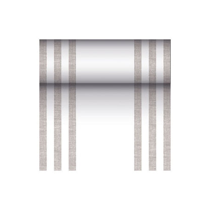 Kovově lesklý válec je zavěšen na třech vertikálních, paralelních hnědých čarách na každé straně, což připomíná moderní design látkového ubrusu PAPSTAR PV-Tissue Mix z „ROYAL Collection“ na bílém pozadí.