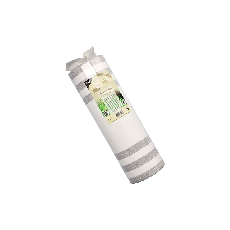 Role bytového textilu v béžové a bílé pruhované z „ROYAL Collection“ společnosti PAPSTAR GmbH je vyrobena z PV-Tissue-Mix a je úhledně svinutá v průhledném plastovém obalu s etiketou s podrobnostmi o produktu. S délkou 24 metrů a šířkou 40 centimetrů může být elegantně použita jako ubrus.