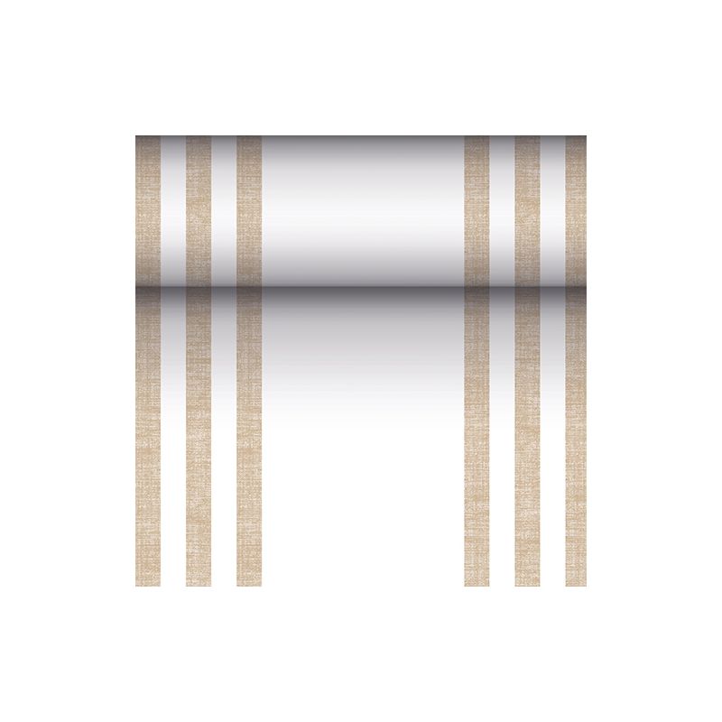 PAPSTAR běhoun na stůl z látkového materiálu PV-Tissue Mix „ROYAL Collection“ od PAPSTAR GmbH je obdélníkový běhoun o rozměrech 24 metrů krát 40 centimetrů, jehož bílý povrch je na každé straně ozdoben dvěma páry vertikálních hnědých čar, které zajišťují symetrický vzhled. Uprostřed se nachází přechod, který začíná tmavě uprostřed a směrem k okrajům se zesvětluje.