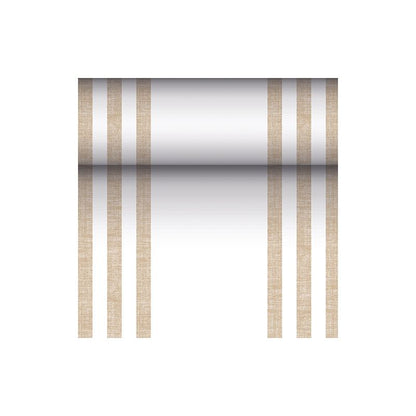 PAPSTAR běhoun na stůl z látkového materiálu PV-Tissue Mix „ROYAL Collection“ od PAPSTAR GmbH je obdélníkový běhoun o rozměrech 24 metrů krát 40 centimetrů, jehož bílý povrch je na každé straně ozdoben dvěma páry vertikálních hnědých čar, které zajišťují symetrický vzhled. Uprostřed se nachází přechod, který začíná tmavě uprostřed a směrem k okrajům se zesvětluje.