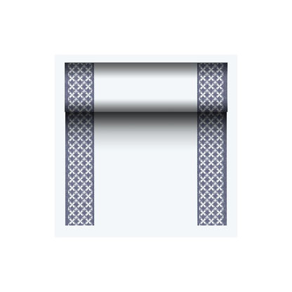 PAPSTAR běhoun na stůl látkově podobný PV-Tissue Mix, „ROYAL Collection“ od PAPSTAR GmbH, je vyroben z vysoce kvalitní celulózovo-viskózové tissue směsi. Má dva úzké tmavě modré okraje s opakujícím se X-vzorem, před elegantním bílým středem. Perfektní pro dodání sofistikovanosti jakémukoli prostředí.