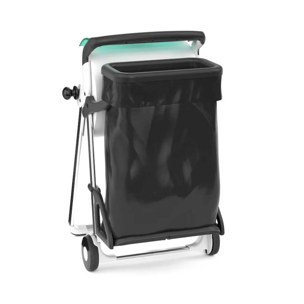 Držák odpadkového pytle Tork 206550 pro podlahové stojany od TORK - Essity Professional Hygiene Germany GmbH je přenosný odpadkový kontejner ze systému W1. Obsahuje černý plastový pytel, který je nesen bílým rámem vybaveným koly a rukojetí pro mobilitu. Má obdélníkový, otevřený vrch s modrozeleným akcentem a na spodní straně má nožní pedál pro pohodlné použití.