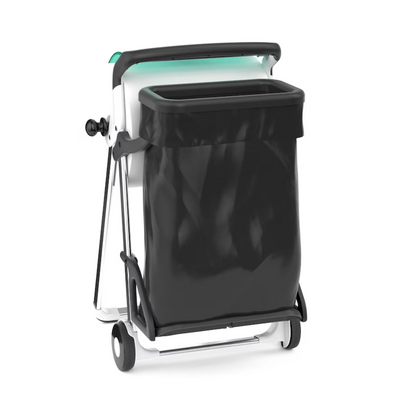 Držák odpadkového pytle Tork 206550 pro podlahové stojany od TORK - Essity Professional Hygiene Germany GmbH je přenosný odpadkový kontejner ze systému W1. Obsahuje černý plastový pytel, který je nesen bílým rámem vybaveným koly a rukojetí pro mobilitu. Má obdélníkový, otevřený vrch s modrozeleným akcentem a na spodní straně má nožní pedál pro pohodlné použití.