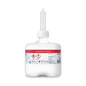 Bílá láhev Tork 420102 Mini dezinfekčního gelu na ruce od TORK – Essity Professional Hygiene Germany GmbH, s červenou etiketou s bezpečnostními symboly a dlouhou tryskou nahoře. Etiketa obsahuje pokyny pro chirurgickou dezinfekci rukou s 80 % denaturovaného lihu.
