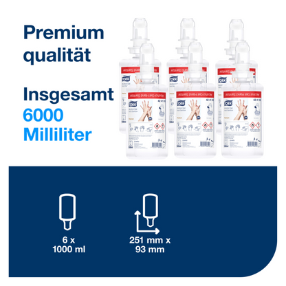 Obrázek ukazuje sadu šesti lahví s nápisem „Tork 424103 dezinfekční gel na ruce S4“, přičemž každá láhev obsahuje celkem 6000 mililitrů. Německý text zdůrazňuje „Premium kvalitu“ a „Celkem 6000 mililitrů“. Diagram pod tím udává rozměry 251 mm x 93 mm a zdůrazňuje účinnost proti patogenům. Produkt je od značky TORK – Essity Professional Hygiene Germany GmbH.