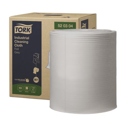 Na obrázku je velká role šedých průmyslových čisticích utěrek Tork 520304 v krabici s nápisem „TORK – Essity Professional Hygiene Germany GmbH“. Na ní je zobrazená ruka, která vytahuje utěrku, ideální pro odstranění oleje, tuku a nečistot.