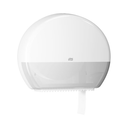 Dávkovač Tork 554000 pro jumbo toaletní papír Elevation T1 od TORK, poskytovaný společností Essity Professional Hygiene Germany GmbH, je bílý nástěnný dávkovač toaletního papíru s průsvitnou spodní částí. Je navržen pro velmi frekventované toalety (toalety s vysokou návštěvností), aby efektivně sledoval jumbo roli toaletního papíru uvnitř.